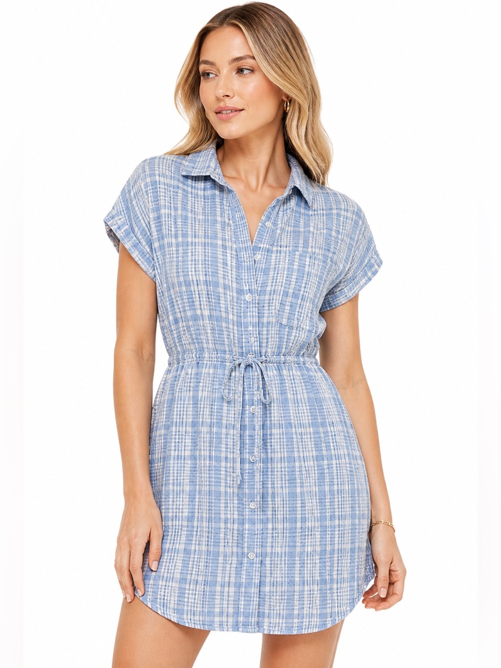 Japna Blue Plaid Shirt Dress Cotton Button Front Tie Waist Size Medium